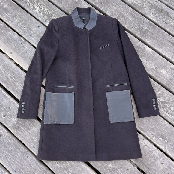 The Kooples Wool and Leather Straight Coat - Picture 1 of 7